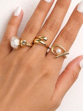 Bundle of 3 Rings S. Steel | Stackable & Chunky | Gold Tone & Faux Pearl
